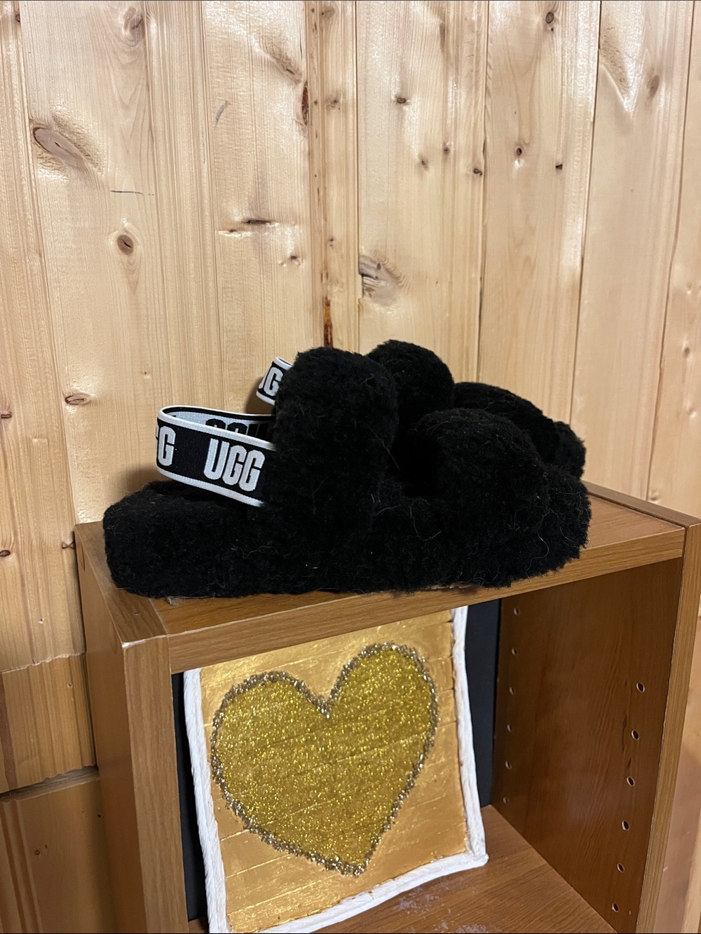 UGG Kids Black Fluff Slide with Logo Heel Strap